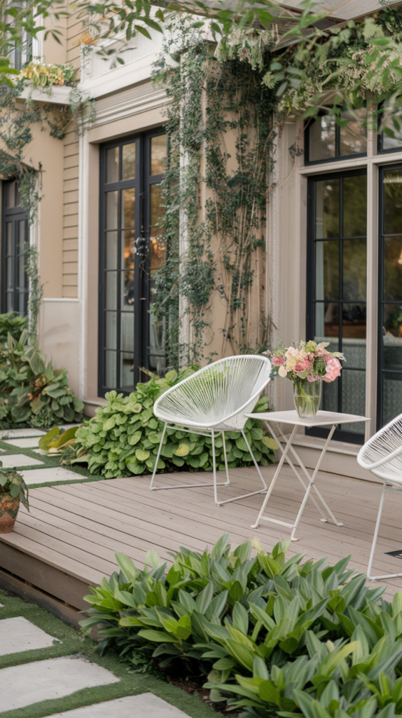 A cozy outdoor patio with a white wire chair and small table holding a vase of pink and white flowers, surrounded by lush green plants and climbing vines on the wall. The area is adjacent to a wall with large windows and a wooden deck floor.