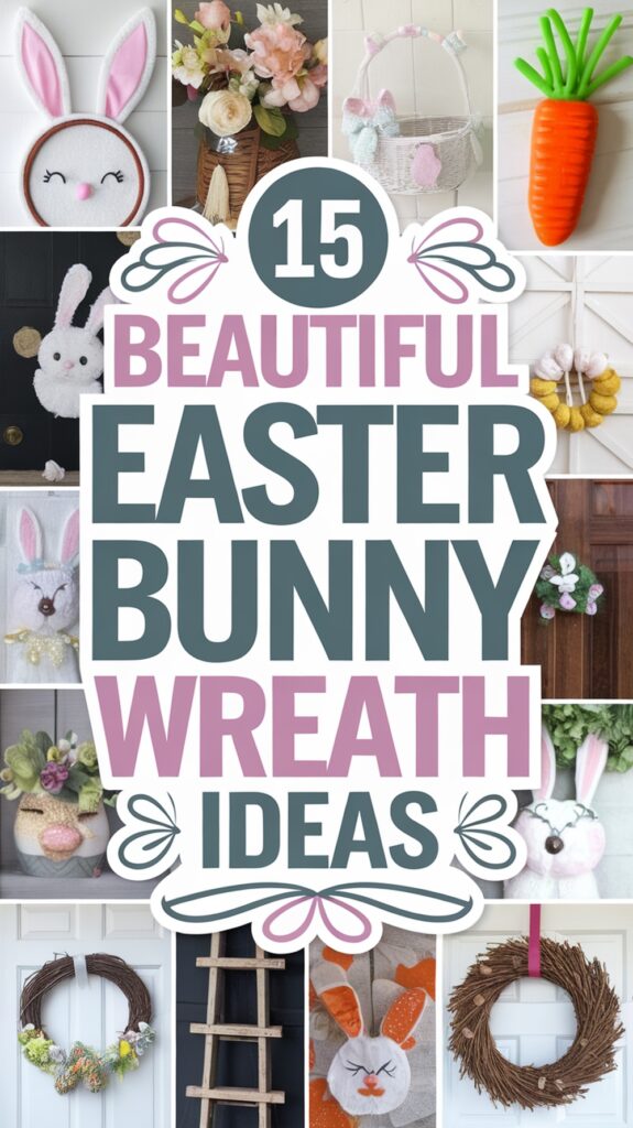 Collage of 15 Easter Bunny wreath designs, featuring various wreaths and decorations with bunny ears, flowers, and seasonal themes, surrounding the text '15 Beautiful Easter Bunny Wreath Ideas.'