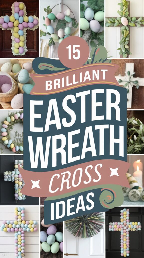 Collage featuring various Easter wreaths designed in the shape of crosses, using decorative elements like pastel-colored eggs and greenery, accompanied by the text '15 Brilliant Easter Wreath Cross Ideas.'