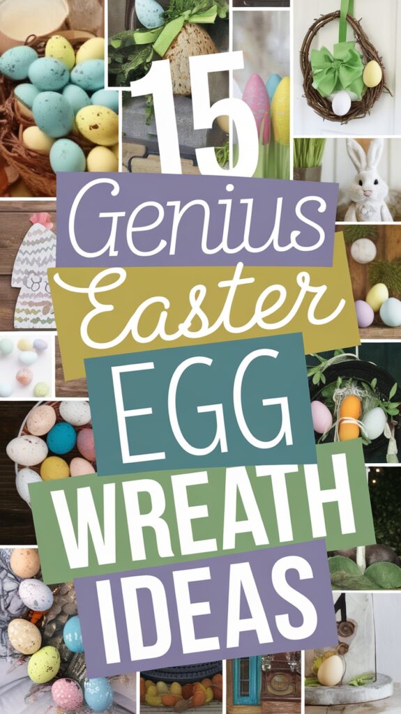 A collage featuring various Easter egg wreath ideas with the text "15 Genius Easter Egg Wreath Ideas" overlayed prominently.