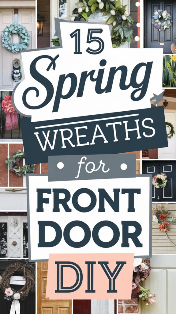 Collage image with the text "15 Spring Wreaths for Front Door DIY" overlaid on pictures of various decorative wreaths on front doors.