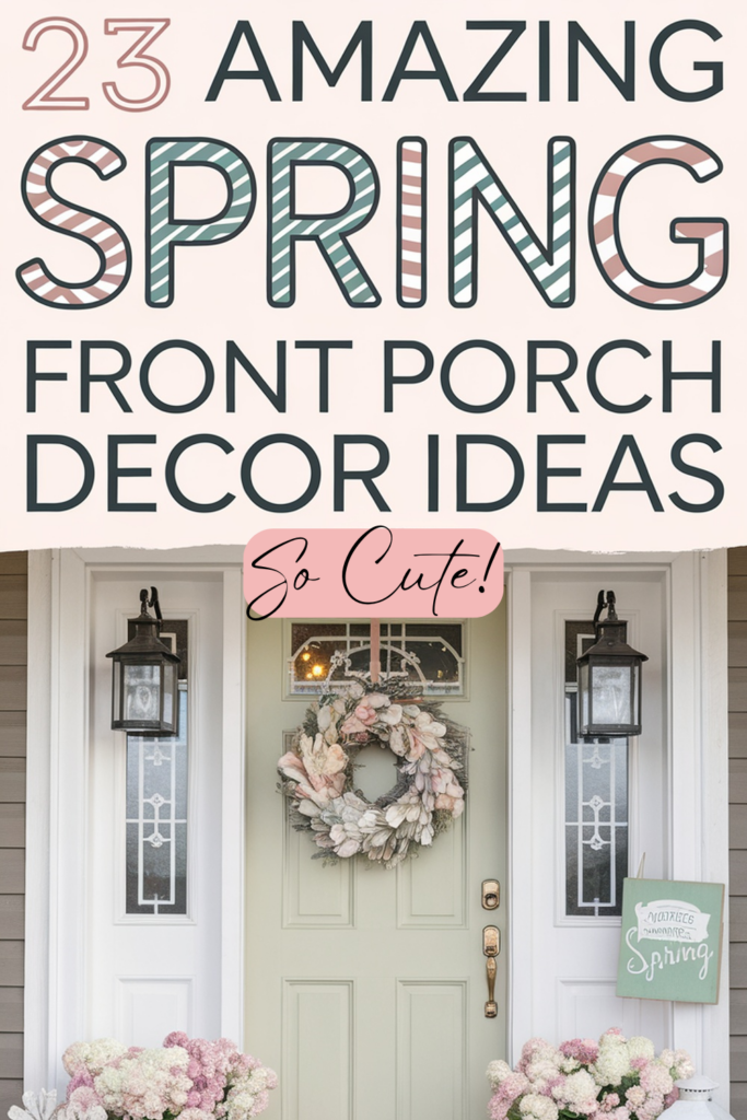 A decorative image titled "23 Amazing Spring Front Porch Decor Ideas" with a photo of a front porch featuring a pastel-colored wreath on a light green door, flanked by lanterns and blooming pink and white flowers.