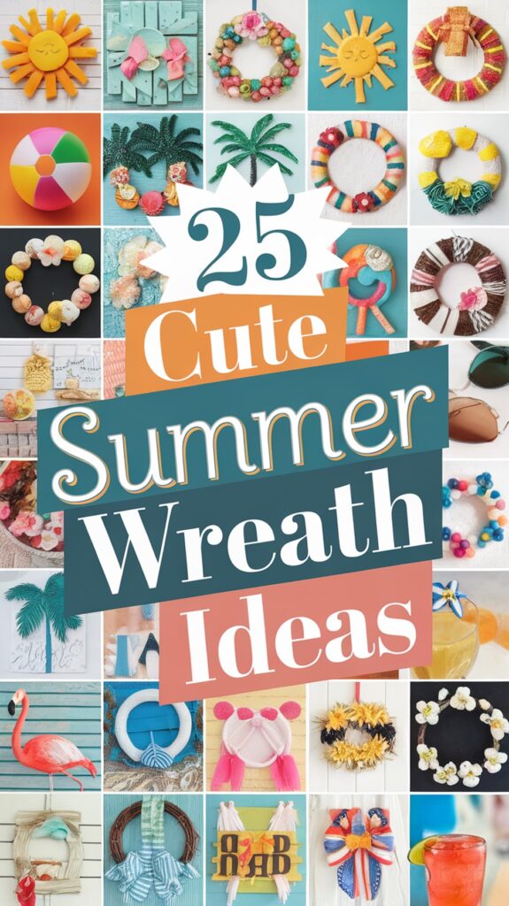 A collage of various colorful and creative summer-themed wreaths with text in the middle reading "25 Cute Summer Wreath Ideas."