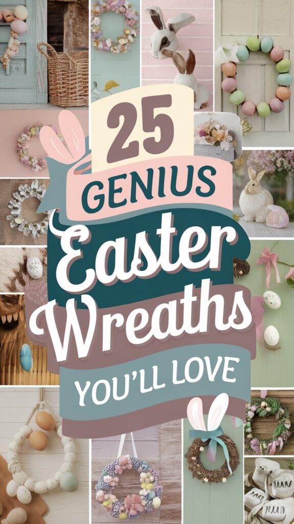 Collage of various Easter wreaths with colorful decorations, featuring a central text that reads '25 Genius Easter Wreaths You'll Love' with bunny ears illustration on the text.