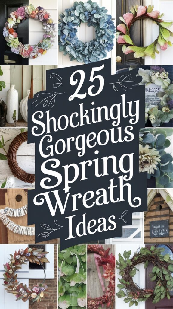 A collage of various colorful spring wreaths with the text "25 Shockingly Gorgeous Spring Wreath Ideas."