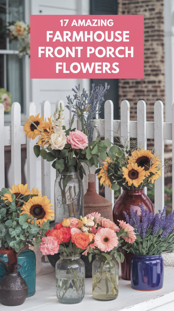 A farmhouse front porch decorated with jars and vases of colorful flowers including sunflowers, roses, and lavender, set against a white picket fence. The text overlay reads '17 Amazing Farmhouse Front Porch Flowers.'