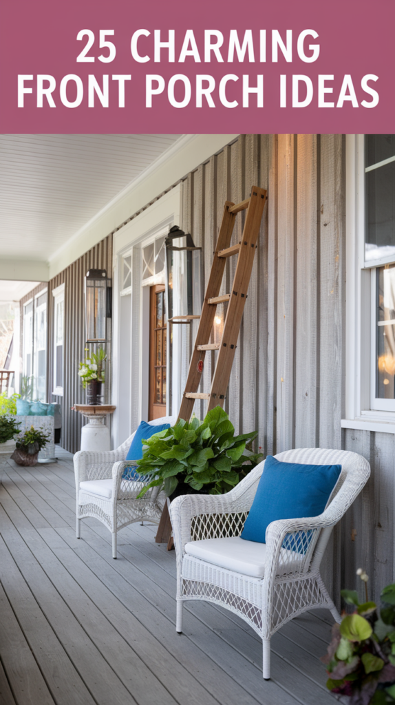 A front porch decorated with white wicker chairs, each featuring a blue cushion, and a wooden ladder leaning against the wall with plants placed nearby. The image promotes "25 Charming Front Porch Ideas."