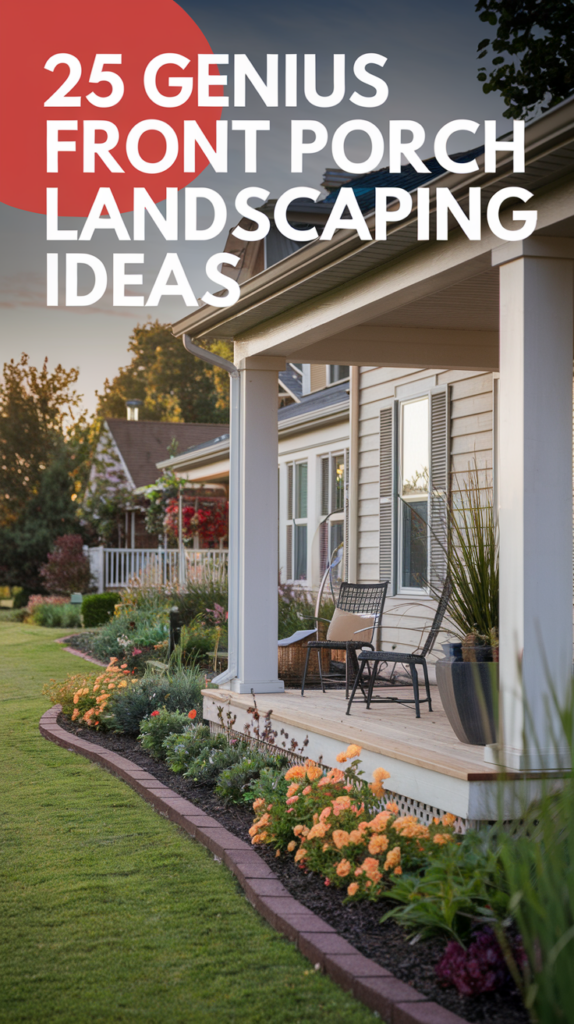 Front porch with chairs and potted plants, surrounded by landscaped garden with colorful flowers, under a text overlay reading '25 Genius Front Porch Landscaping Ideas.'