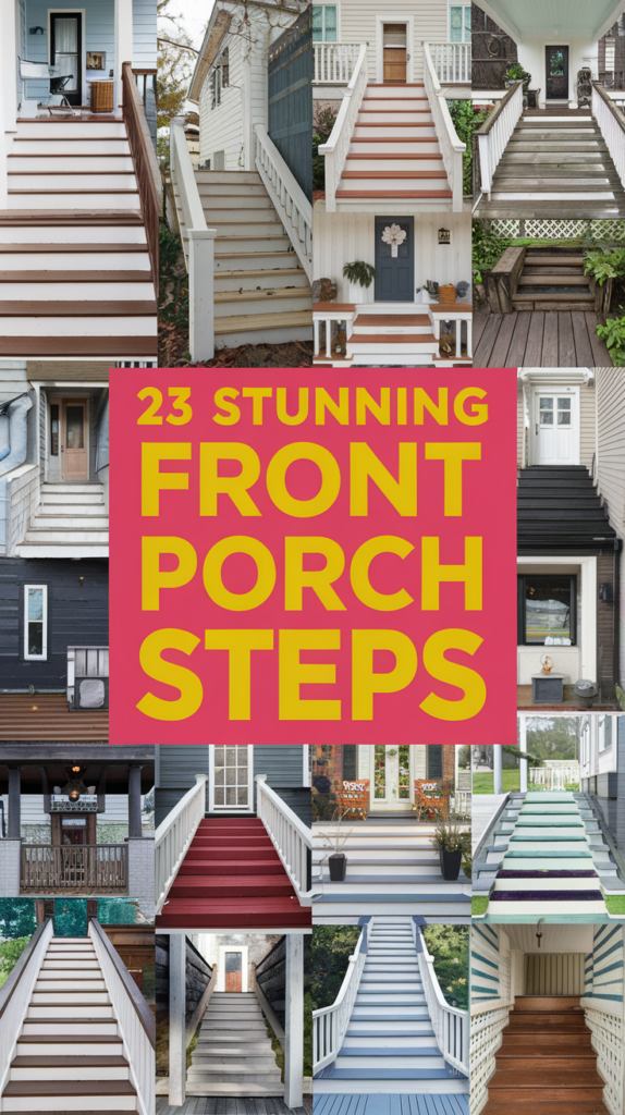 Collage of various front porch steps with different designs and colors, centered around the text '23 Stunning Front Porch Steps' in bold yellow letters on a red background.