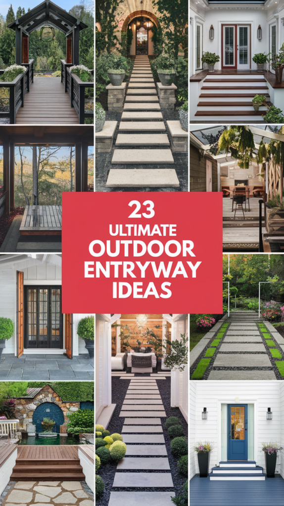 Collage of various outdoor entryway designs featuring different styles of paths, steps, and landscaping, with a red tile overlay reading '23 Ultimate Outdoor Entryway Ideas.'