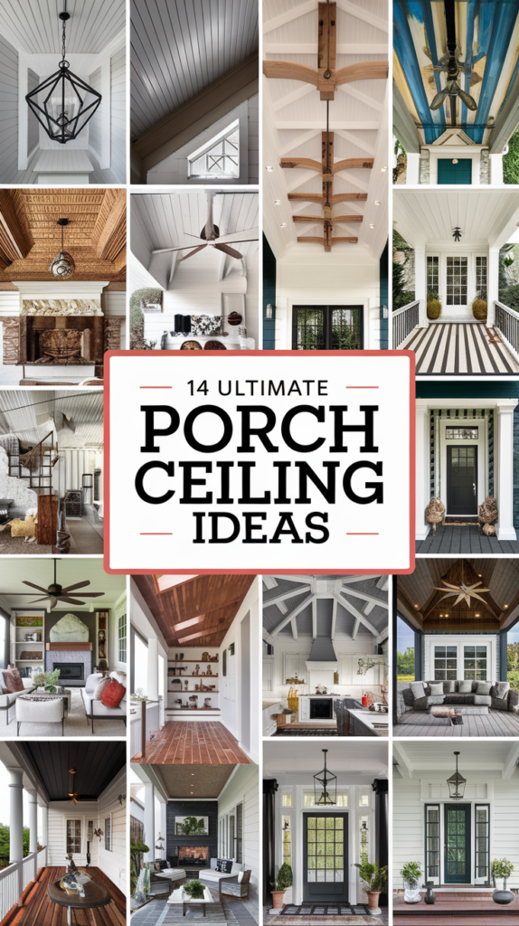 Collage of various porch ceiling designs including vaulted, wood-paneled, and striped patterns, with central text reading '14 Ultimate Porch Ceiling Ideas.'