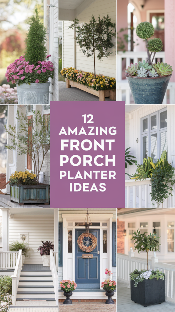 A collage of various front porch planter ideas, featuring different flower arrangements and plant styles, with a central text block reading "12 Amazing Front Porch Planter Ideas."