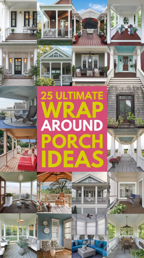 Collage of various wrap-around porch designs with text overlay stating '25 Ultimate Wrap Around Porch Ideas.'