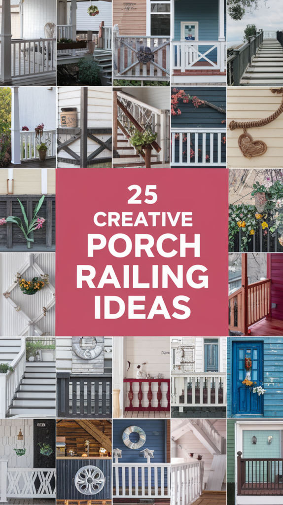 Collage featuring 25 different creative porch railing designs with a central red text block saying "25 Creative Porch Railing Ideas."