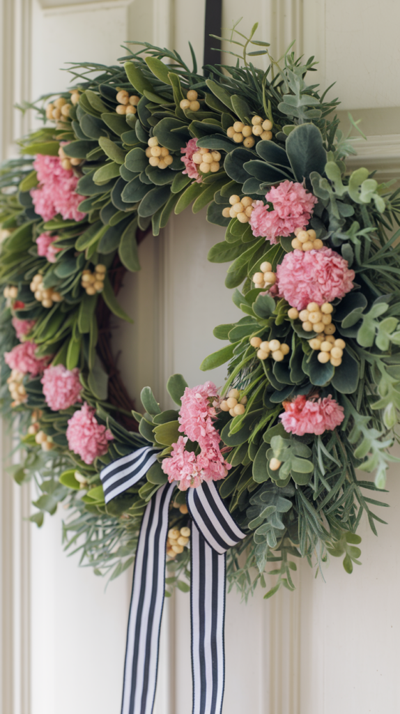 A decorative wreath made of green leaves and pink flowers, adorned with small yellow berries and a black and white striped ribbon, hanging on a door.