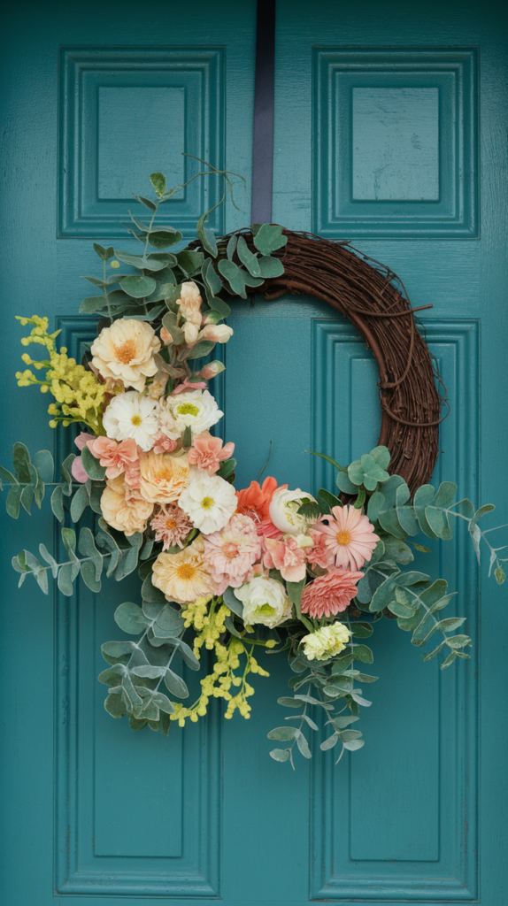 A decorative wreath with assorted flowers and eucalyptus leaves hanging on a teal-painted door.