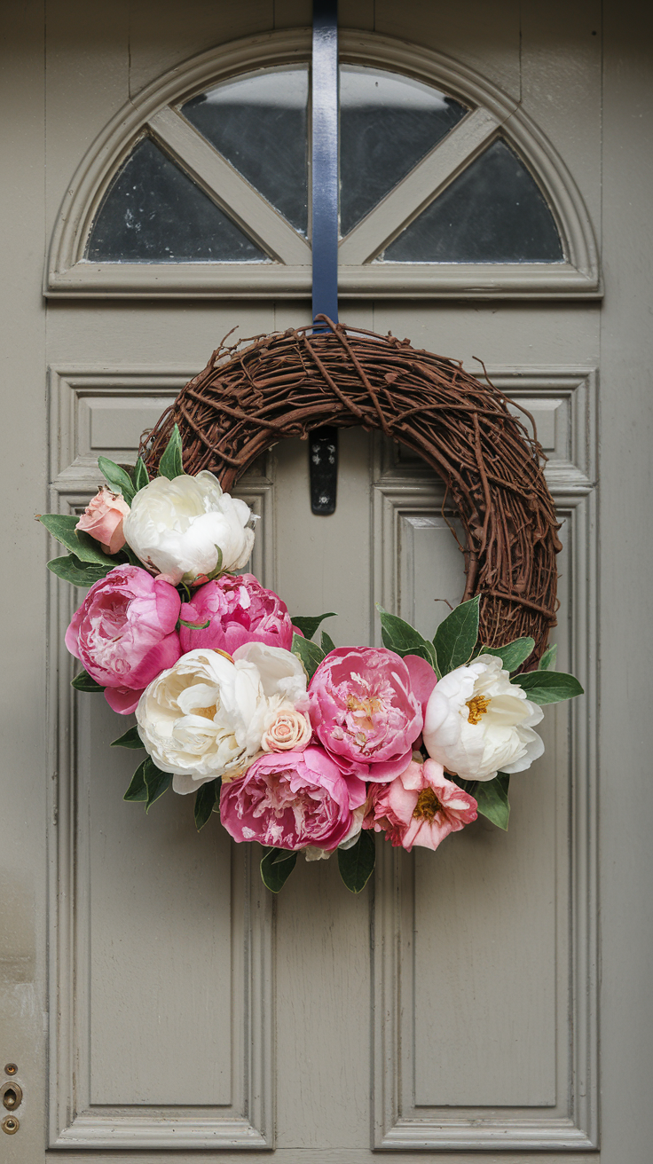 A wreath made of twigs and adorned with pink and white flowers and green leaves, hanging on a gray paneled door.