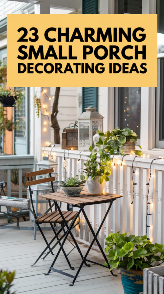 A charming small porch with a wooden table and chairs, decorated with potted plants and string lights, conveying cozy decor ideas.