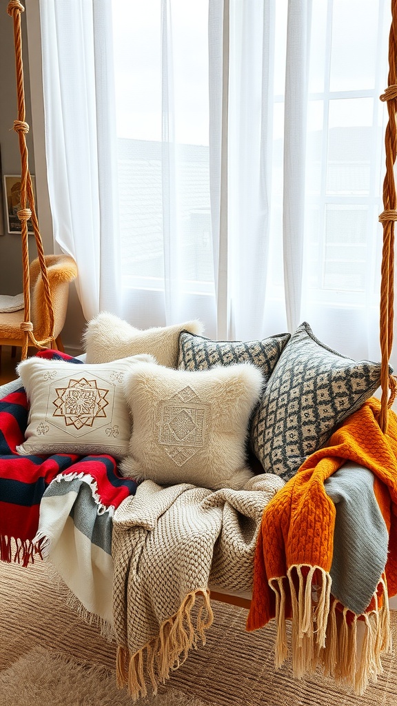 A cozy porch swing adorned with various pillows and throws in vibrant colors.