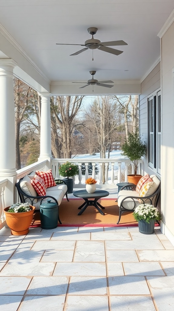 Cozy wrap-around porch of a rustic farmhouse with seating and seasonal decor.