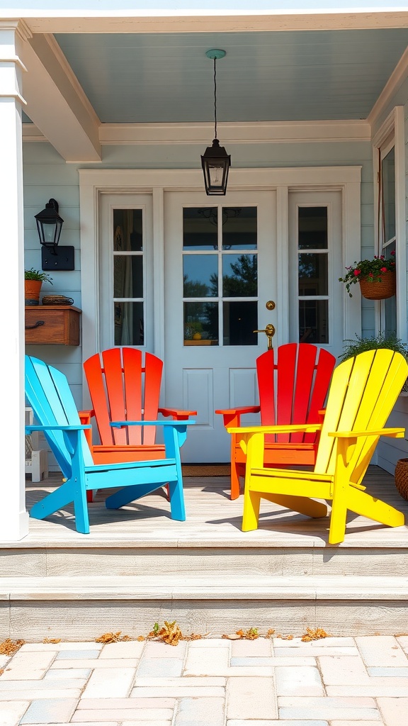 Colorful Adirondack chairs on a farmhouse front porch