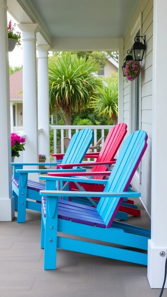 Colorful Adirondack chairs on a farmhouse front porch