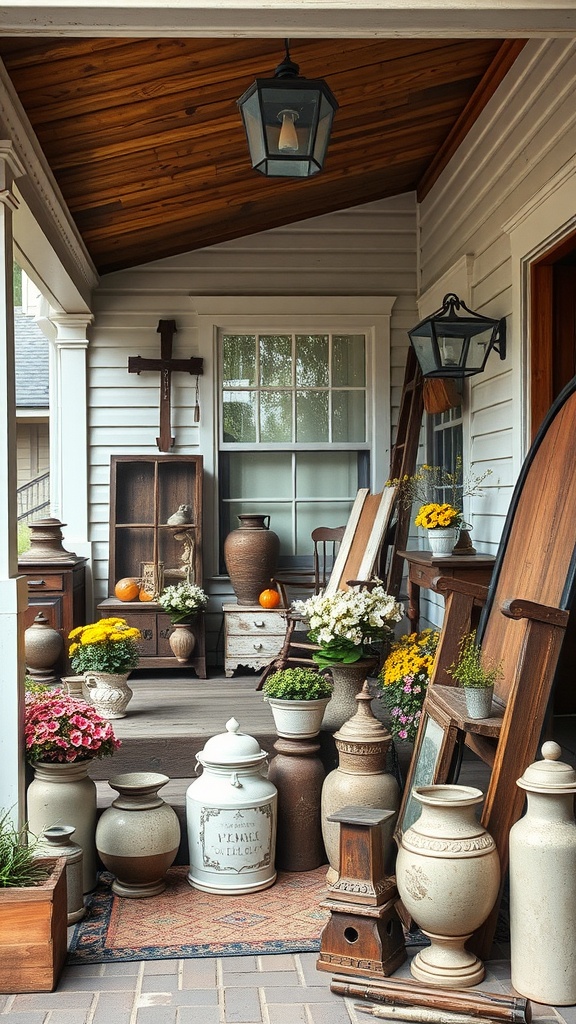 A beautiful display of antique decor on a farmhouse porch, featuring various pots, a vintage horse figure, and seasonal flowers.