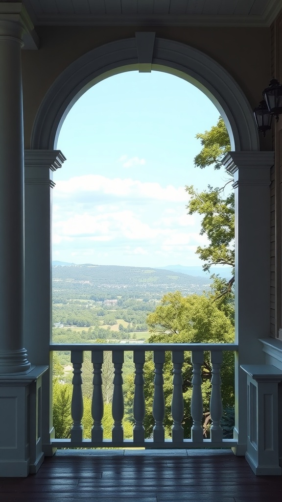 View of a porch with arched top railings and a scenic backdrop