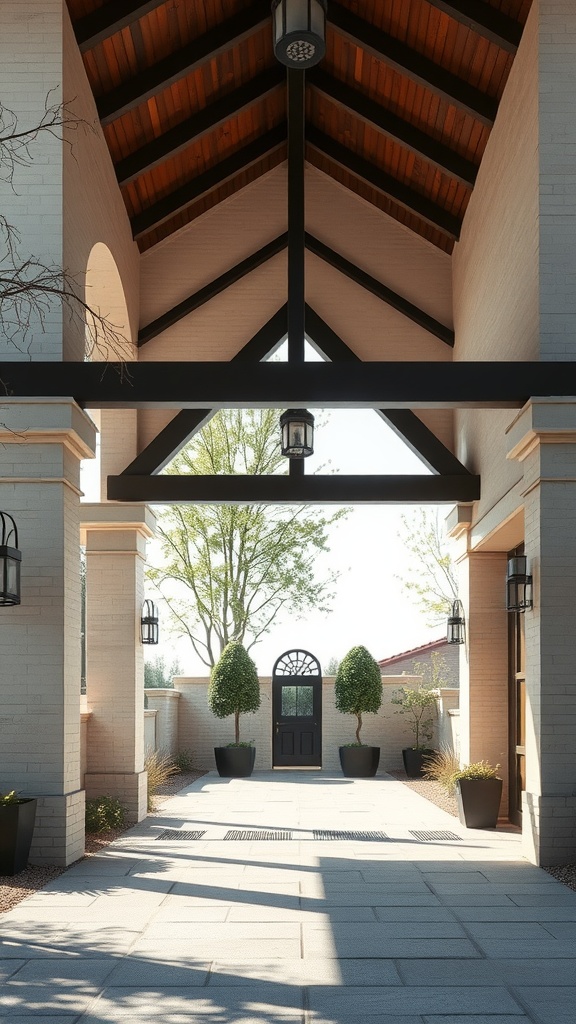 A spacious outdoor entryway with a large architectural overhang, featuring elegant lamps and potted plants.