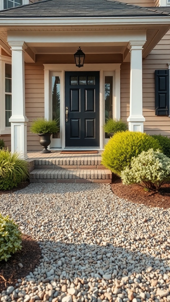 A front porch with gravel ground cover and well-maintained shrubs.