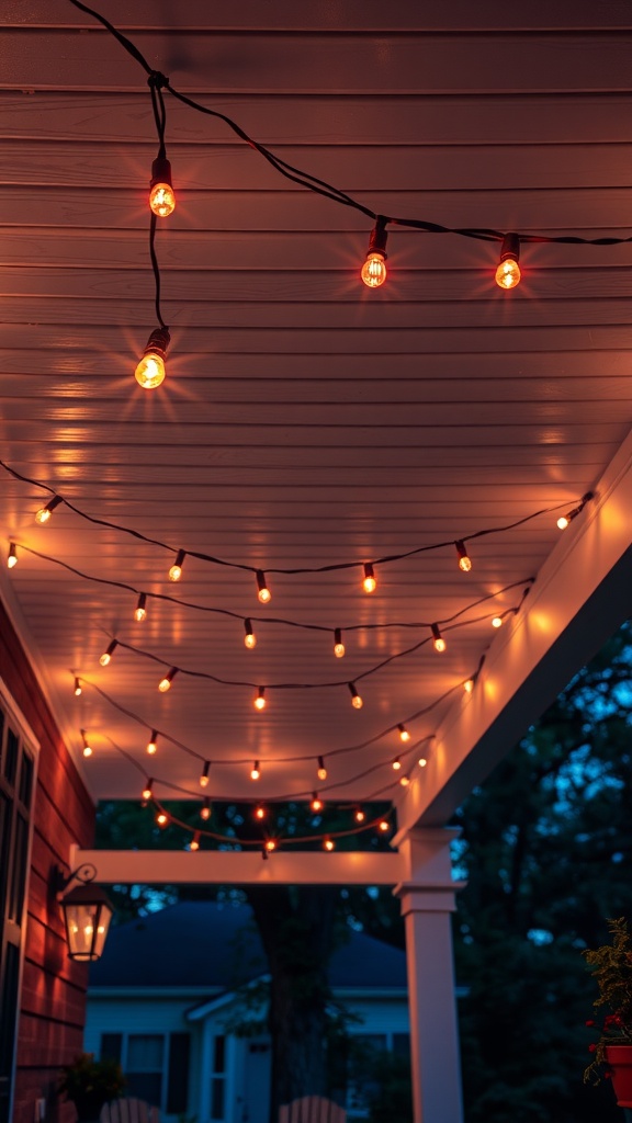 String lights hanging from a porch ceiling, providing warm ambiance.