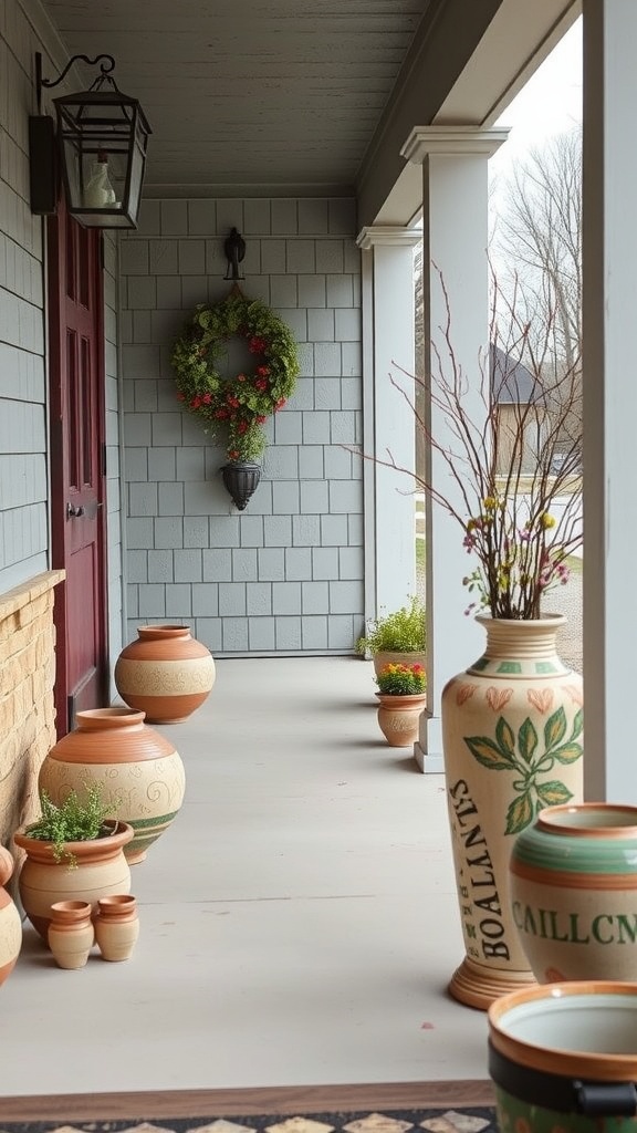 A rustic farmhouse porch featuring artisan-made pottery and a wreath.