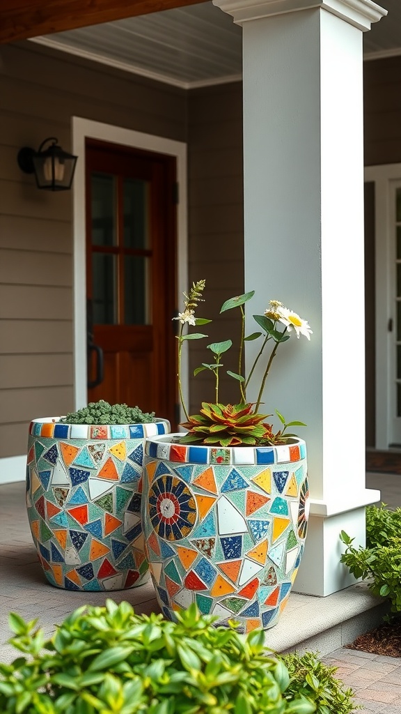 Colorful mosaic planters on a porch with greenery.