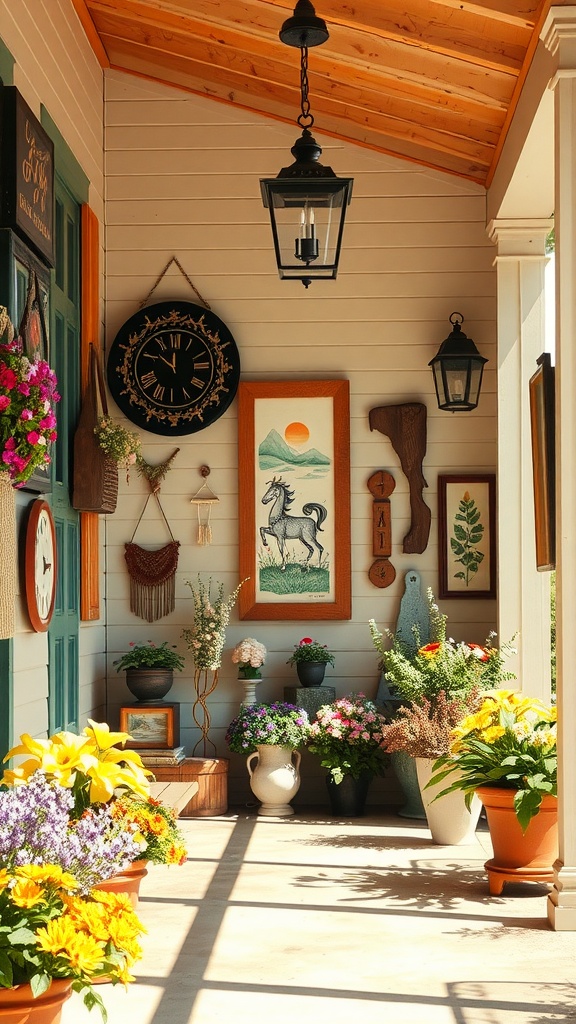 A spring porch with various artistic wall hangings and vibrant flowers.