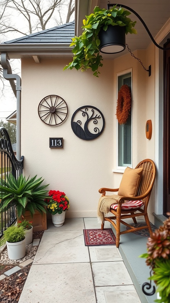 A cozy front porch with artistic wall hangings, including a wheel and a tree design, surrounded by plants and a chair.