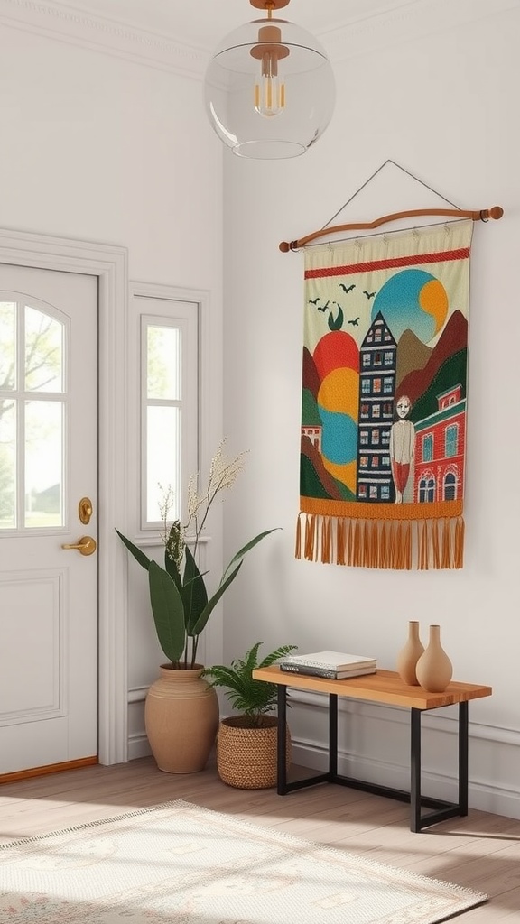 Colorful artistic wall hanging in a bright entryway with plants and a wooden table.