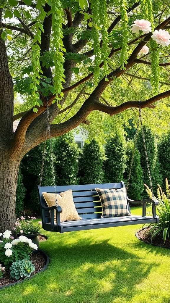 A free-standing porch swing with cushions under a tree in a lush backyard.