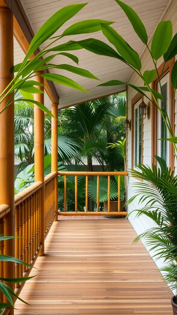 A porch featuring bamboo railings and tropical plants.