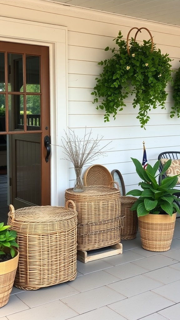 A cozy farmhouse porch featuring wicker baskets and green plants.