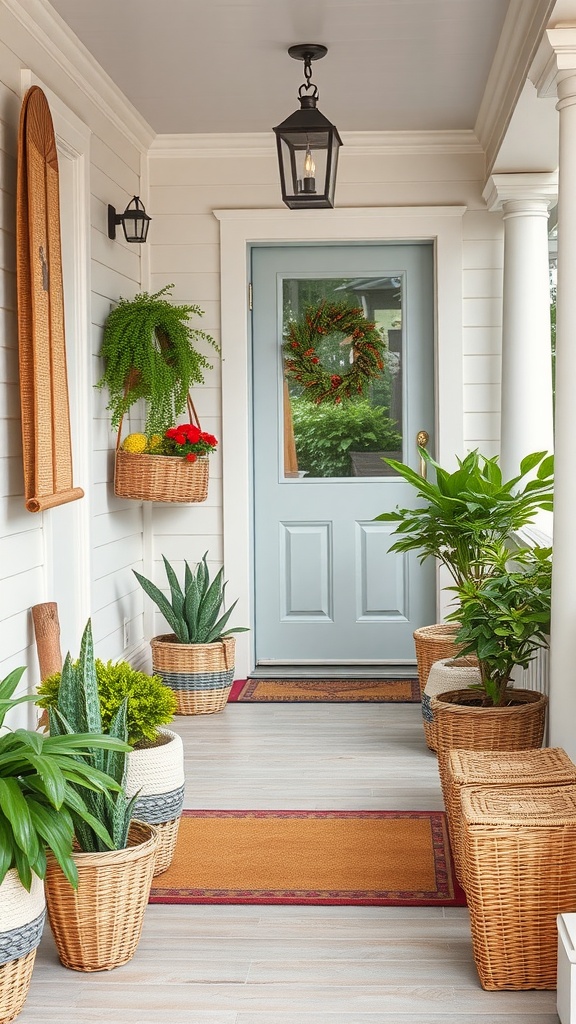 A rustic farmhouse porch with various baskets used for storage and decor, featuring plants and a blue door.