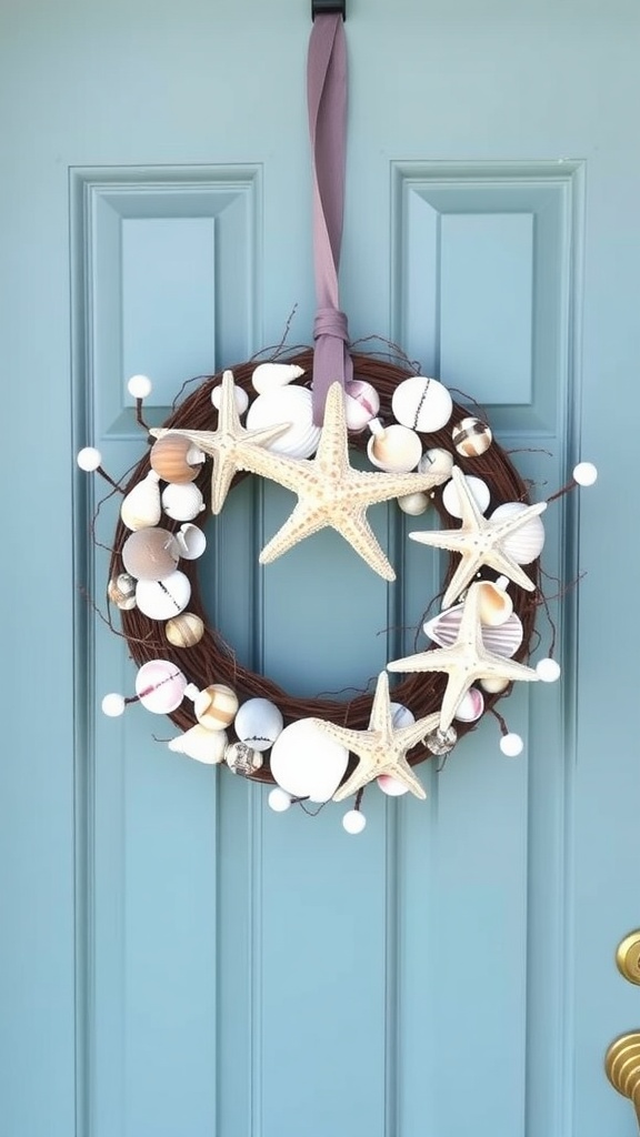 A beach-inspired grapevine wreath decorated with seashells and starfish, hanging on a door.