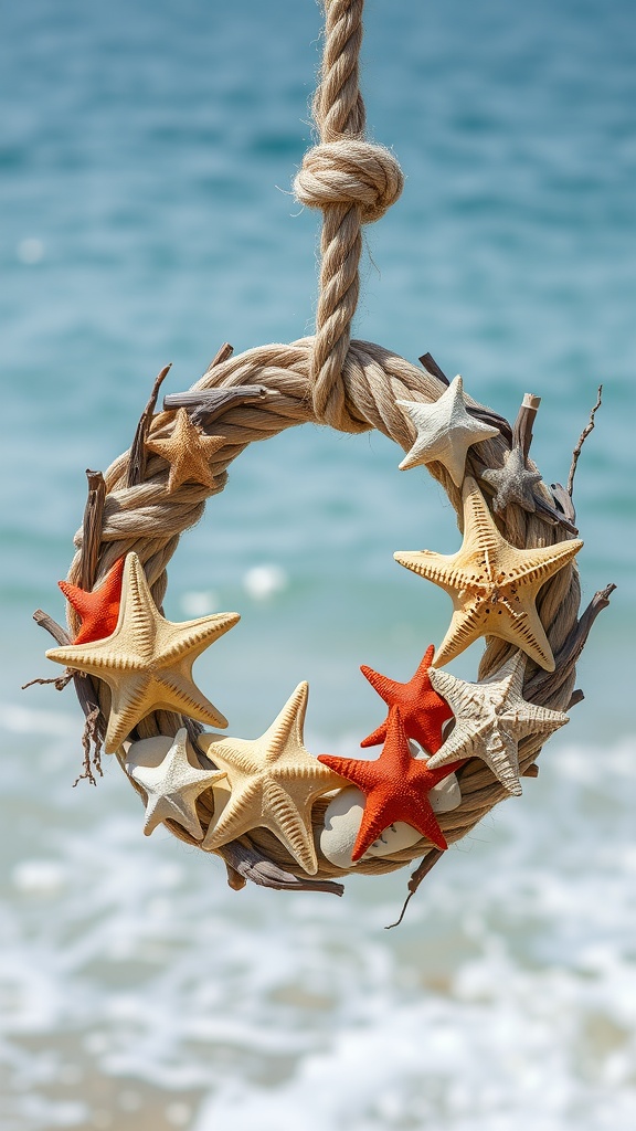 A decorative wreath made of driftwood and starfish, hanging against a beach background.