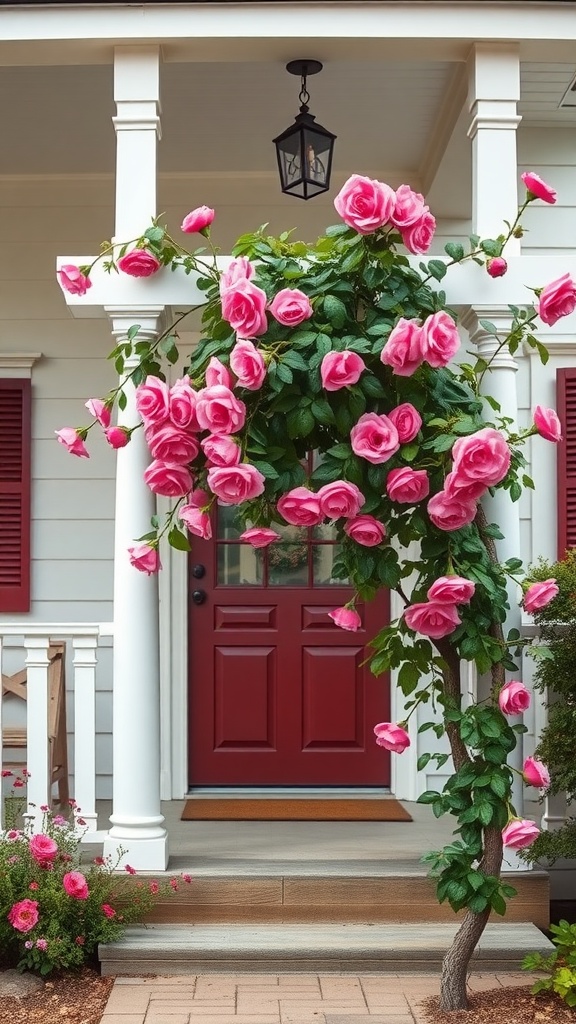 Climbing roses on a trellis by a farmhouse front porch