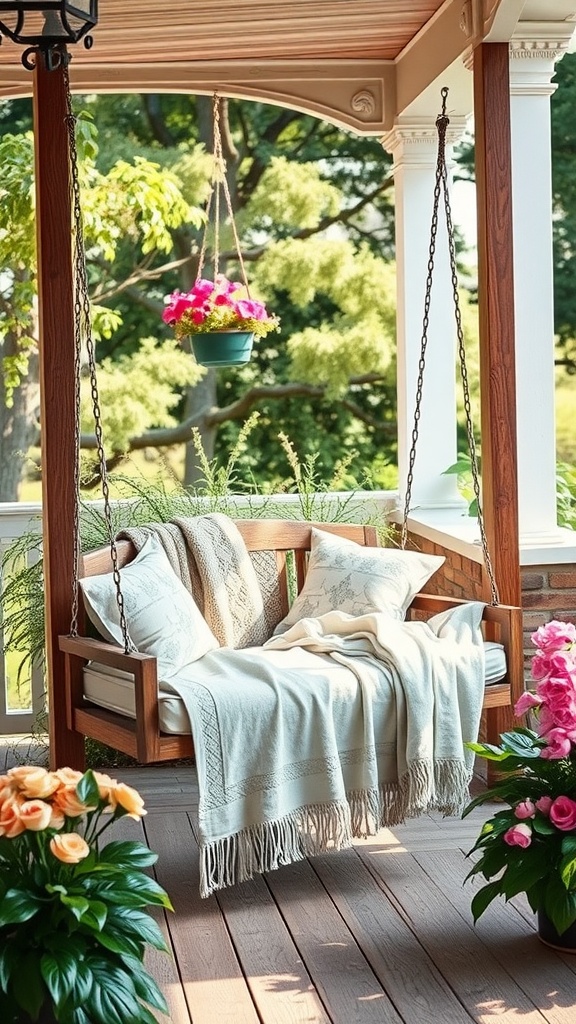 A cozy bed swing with soft cushions and a blanket on a porch surrounded by plants.