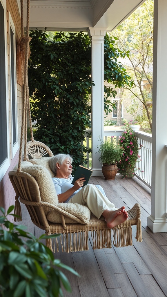 A person relaxing on an outdoor porch hanging bed swing, reading a book surrounded by greenery.