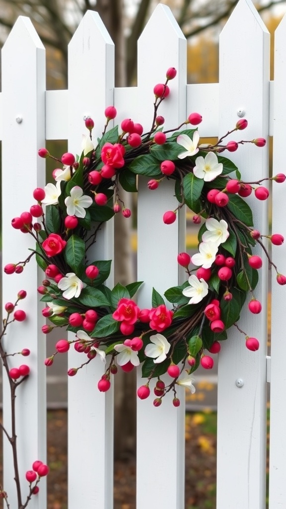 A colorful spring wreath adorned with pink berries and white blossoms, hanging on a white picket fence.