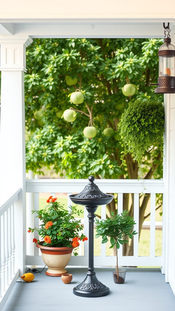 Decorative bird bath and potted plants on a front porch