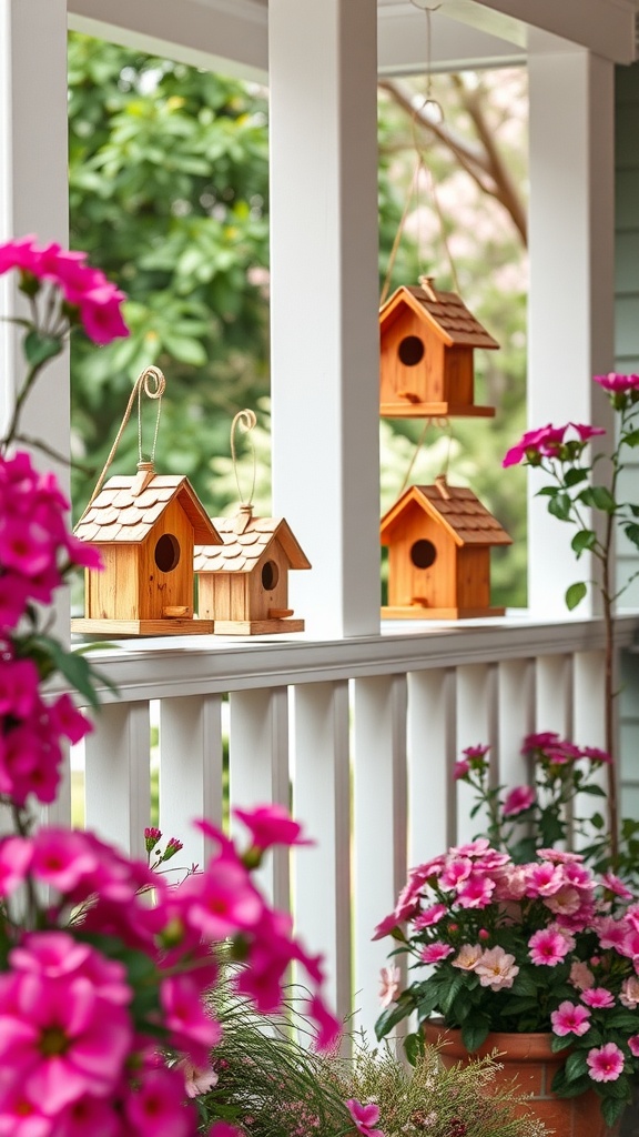 Decorative birdhouses hanging on a porch surrounded by blooming flowers.