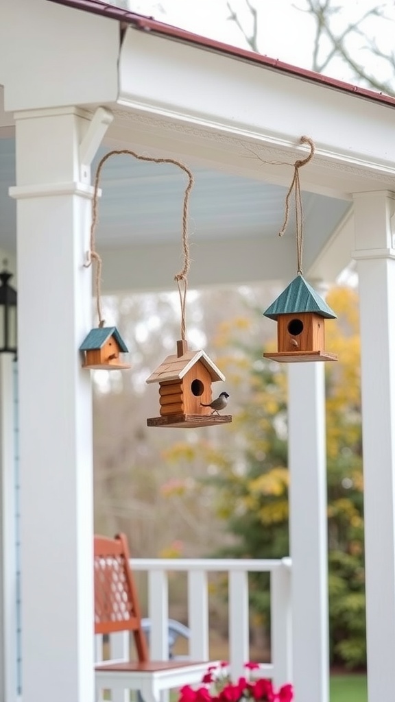 Three wooden birdhouses hanging from a porch ceiling with a cozy seating area in the background.