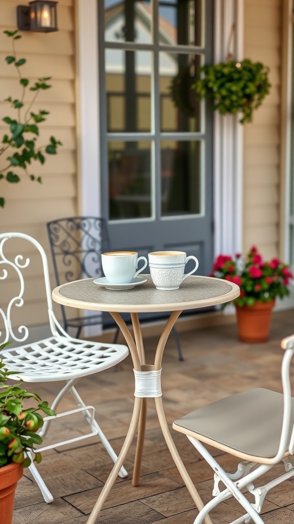 Small bistro table set with a coffee cup and flowers on a front porch